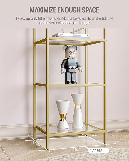 Bookcase Bookshelf, Tempered Glass Bookshelves, Slim Shelving Unit for Bedroom, Bathroom, Home Office, Steel Frame, 6 Tier Gold BC10601G