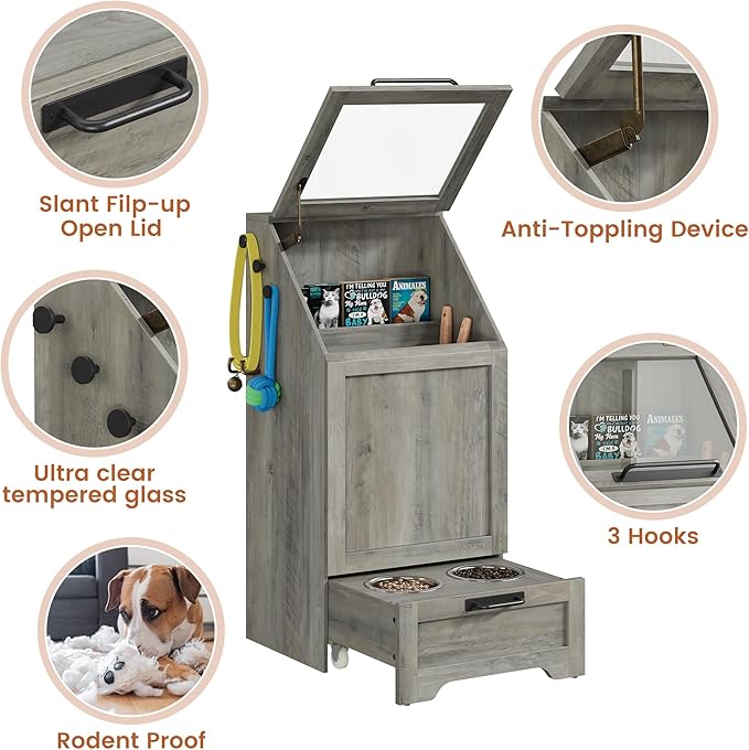 Garvee Dog Feeding Station with 2 Elevated Bowls, Dog Food Storage Cabinet, Flip Top Pet Feeding Station, Food Storage Container, Pet Toy Organizer, Grey