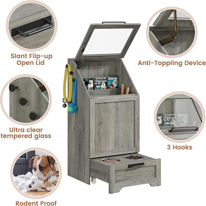 Garvee Dog Feeding Station with 2 Elevated Bowls, Dog Food Storage Cabinet, Flip Top Pet Feeding Station, Food Storage Container, Pet Toy Organizer, Grey