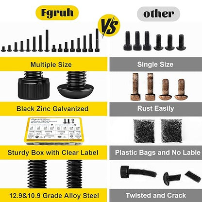1500PCS M4 Screws with Nuts Assortment Kit, M4x6/8/12/16/20/25/30/40 mm Hex Socket Button & Cap Head Bolts Nut and Washers Set, 12.9 & 10.9 Grade Black Zinc Plated for DIY, 3D Printer