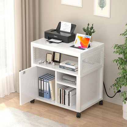 Unikito Rolling File Cabinet Lateral Office Filing Cabinets with Socket and USB Charging Port, Modern Printer Stand on Wheels, Printer Cabinet with Door and Open Storage, Lockable, White