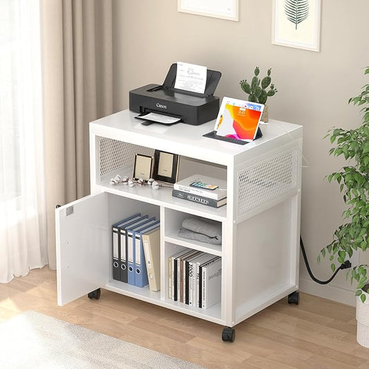 Unikito Rolling File Cabinet Lateral Office Filing Cabinets with Socket and USB Charging Port, Modern Printer Stand on Wheels, Printer Cabinet with Door and Open Storage, Lockable, White