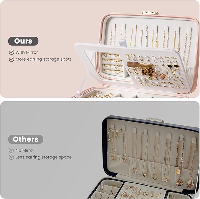 Lolalet 2 Layer Jewelry Box with Lock and Key for Teen Girls & Young Women, Jewelry Organizer Case with Round Clasp and Mirror for Earrings Rings Necklaces Storage, Gift Idea -Lightpink