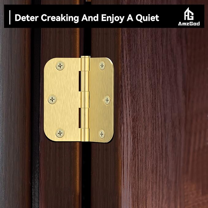 Door Hinges Satin Brass - 30 Pack Gold Door Hinges 3.5 Inch Rounded Interior Door Hinge with 5/8" Radius - 3 1/2 Inches Flat Iron Brass Hinges for Residential Standard Doors