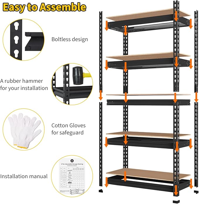 GarveeHome 5 Tier Heavy Duty Storage Shelves, 30 in W x 12 in D x 60 in H Adjustable Metal Shelving Unit, 2000 LBS Capacity, for Garage Organization, Kitchen, Warehouse
