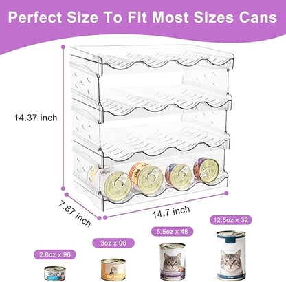 Cat Food Can Organizer, Can Organizer for Pantry, Transparent Cat Food Storage Container Holds 96 (3.5oz) Cans, Canned Food Organizer and Storage for Countertop Kitchen Cabinet (4 Tier-4 Layer)