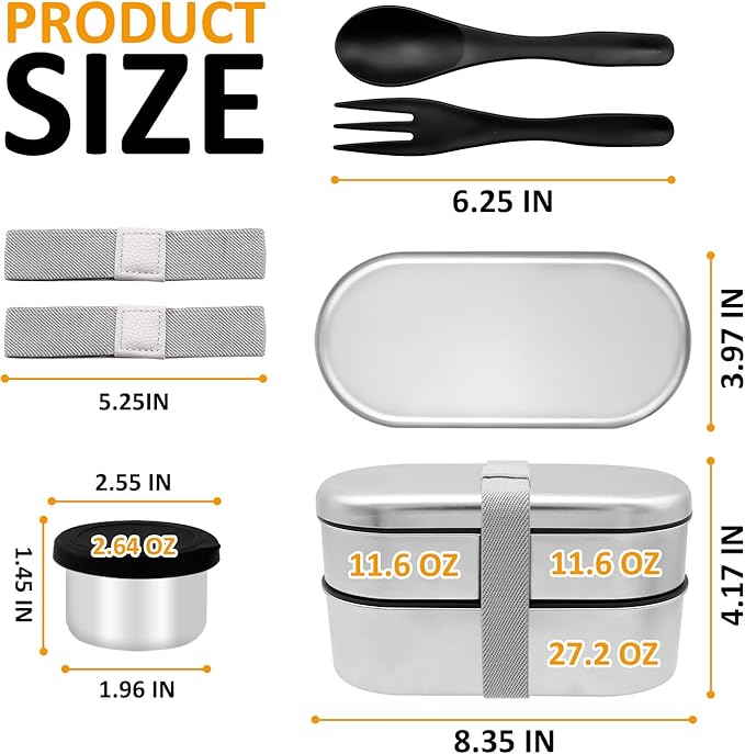 Stainless Steel Bento Box, Stackable & Leakproof Lunch Box, 3 Compartment Food Storage Containers，Microwave/Dishwasher Safe Bento Lunch Box for Work/Travel