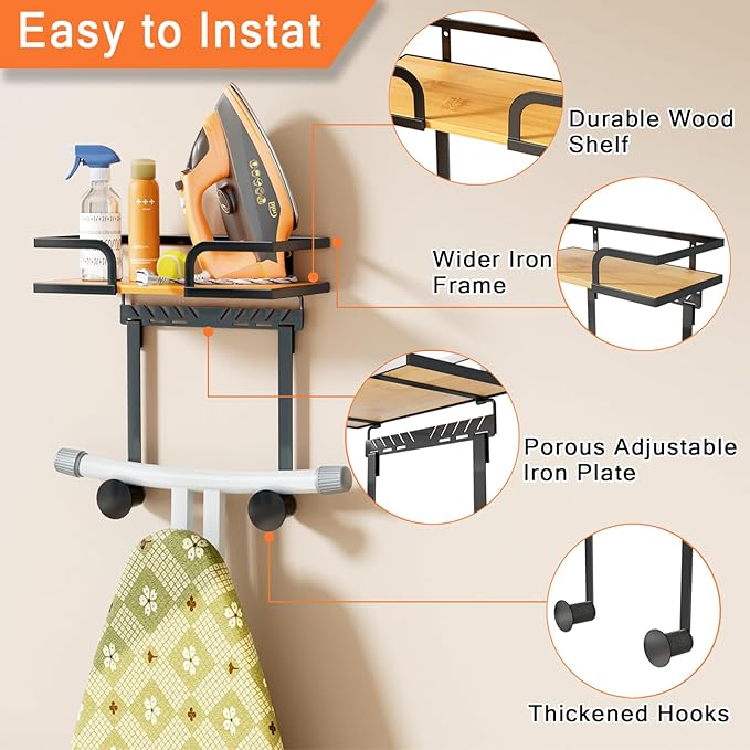 Ironing Board Hanger Wall Mount with Natural Wood-Texture Shelf, Adjustable Iron Board Holder for T & Y Leg Boards, Heavy Duty Laundry Room Organization and Storage Rack, Black