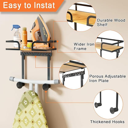 Ironing Board Hanger Wall Mount with Natural Wood-Texture Shelf, Adjustable Iron Board Holder for T & Y Leg Boards, Heavy Duty Laundry Room Organization and Storage Rack, Black