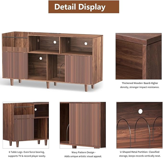 Large Record Player Stand with Power Outlets & LED Lights, Record Player Table Cabinet with Vinyl Record Storage Holds up to 500 Albums, Turntable Stand for Living Room, Bedroom