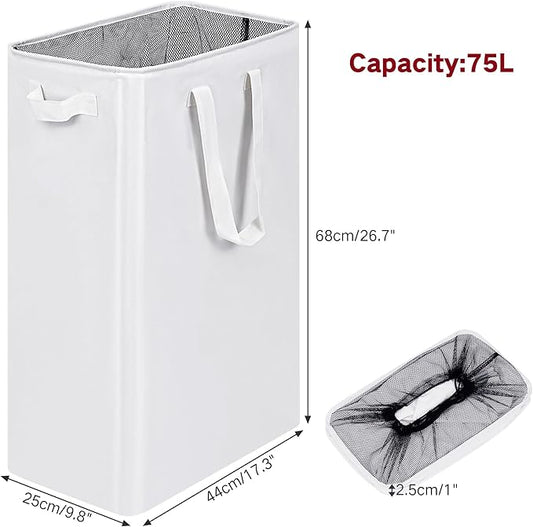 efluky Slim Laundry Basket, Narrow Laundry Hamper with Handles, Collapsible Dirty Clothes Hamper, Tall Laundry Bin for Laundry Room, Dorm and Bedroom, 12.7 Gallons(75L) White