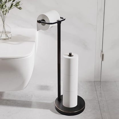 Toilet Paper Holder Stand, Post Pivoting Design Free Standing Toilet Paper Holder with Storage for 4 Rolls, 304 Stainless Steel Tissue Holder with Reserve, Heavy-Duty Base (Oil Rubbed Bronze)