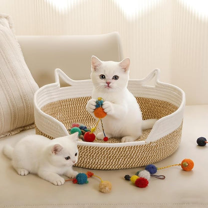 Cat Toy Basket, Cat Toy Box Organizer Baskets, Woven Cotton Rope Pet Puppy Dogs Cats Bed Toy Bin With Handle, Chew Toys Blankets Leashes Storage Baskets for All Pets - Puppies to Large