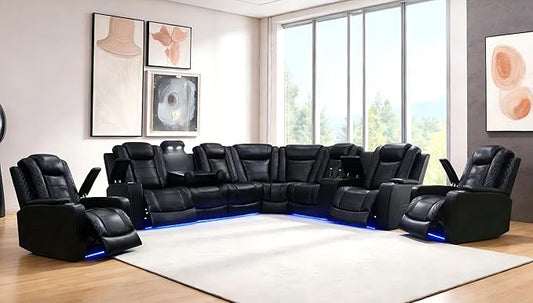 Power Recliner Sectional Sofa, L-Shape Living Room Furniture Set, Black Breathing Leather Sofa and 2 Chairs, Reclining Sectional Couch with LED/Storage/Cup Holder/Type C USB for Office/House