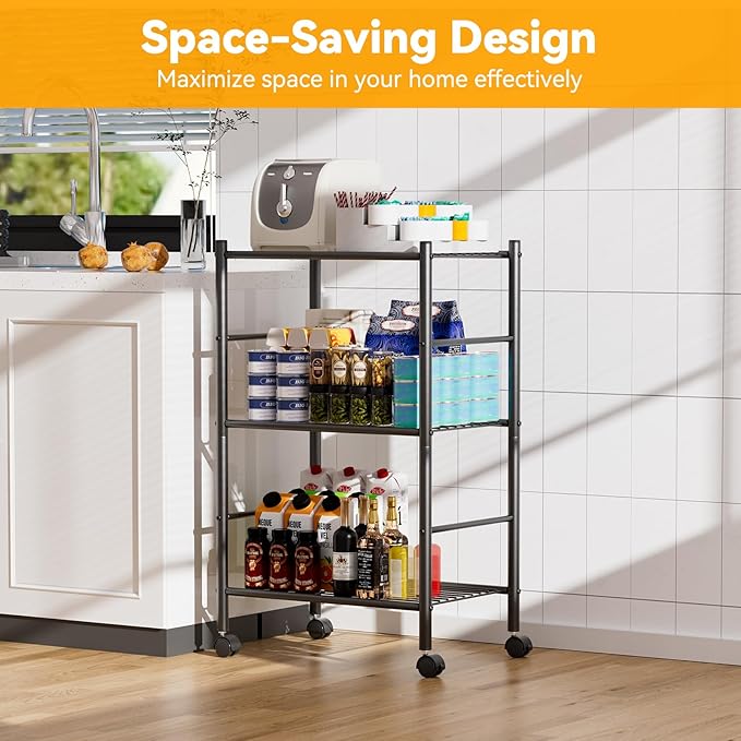 3 Tier Shelf Organizer Rack, Metal Shelving Unit with Wheels/Leveling Feet, Space-Saving Storage Shelves for Closet Laundry Bathroom Kitchen Pantry, 18.11" Wx12.6 Dx31.5 H