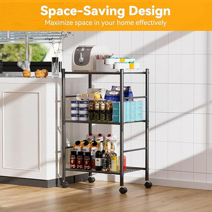 3 Tier Shelf Organizer Rack, Metal Shelving Unit with Wheels/Leveling Feet, Space-Saving Storage Shelves for Closet Laundry Bathroom Kitchen Pantry, 18.11" Wx12.6 Dx31.5 H
