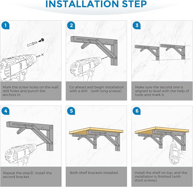 Home Expert 12 Inch Folding Shelf Brackets, 4 Pack (2 Pairs) Heavy Duty Metal Collapsible Wall-Mounted Brackets, Space-Saving DIY Foldable Shelf for Benches and Tables, Matte Black