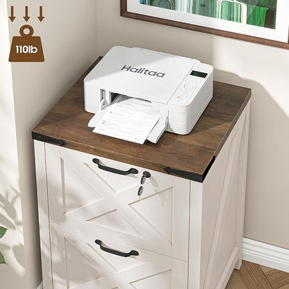 2 Drawer Small File Cabinet with Lock, Farmhouse Vertical Filing Cabinet Fits Letter and A4 Size, Under Desk Wooden File Cabinets for Home Office, Printer Stand, Rustic White