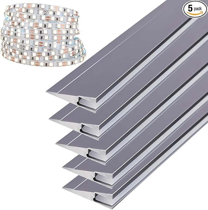 JARBIH 5Pack 1M/3.3ft Ultra-Thin Led Aluminum Profile, 45° Oblique Lighting Cabinet LED Lamp, Invisible H7mm Surface Mounted Wardrobe Layer Shelf Panel Hard Bar Strip Light Channel System(Gray)