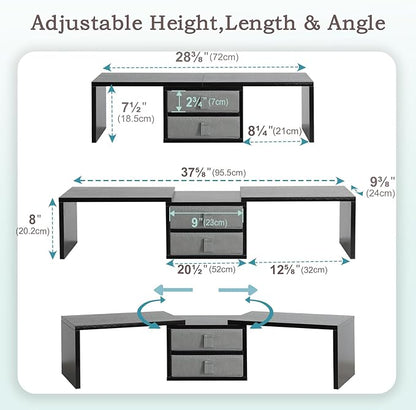 TEAMIX Dual Monitor Stand Riser with 2 Drawers-Length and Angle Adjustable 3 Shelf Monitor Riser with Storage Desk Organizer Large Computer Monitor Stand for 2 Monitors/Laptop/PC,Wood Screen/TV Stand