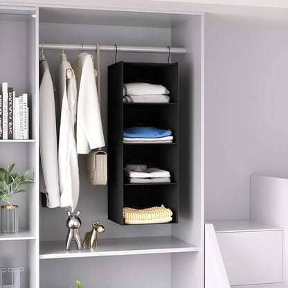 Hanging Closet Organizer, Easy Mount Foldable 4-Shelf Hanging Closet Wardrobe Storage Shelves, Clothes Handbag Shoes Accessories Storage, Washable Oxford Cloth Fabric, Black