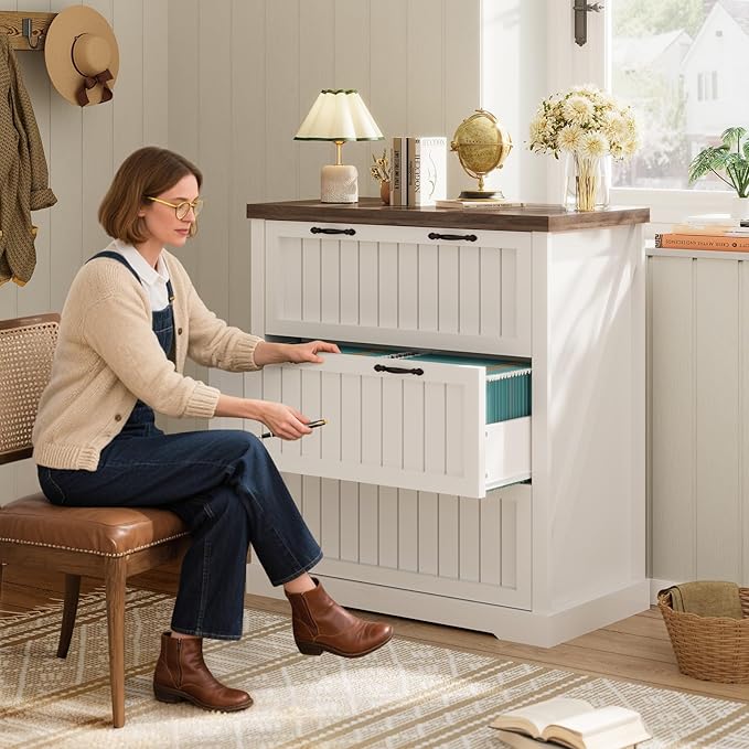 SEDETA 3 Drawer File Cabinet, Farmhouse Filing Cabinet for Home Office, Wood Office File Cabinets for Letter/Legal/A4 Size, Lateral File Cabinets with Printer Stand for Study Room, Living Room, White