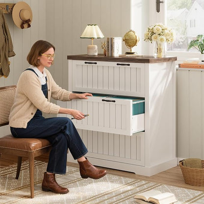 SEDETA 3 Drawer File Cabinet, Farmhouse Filing Cabinet for Home Office, Wood Office File Cabinets for Letter/Legal/A4 Size, Lateral File Cabinets with Printer Stand for Study Room, Living Room, White