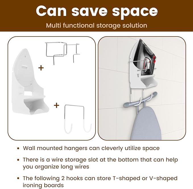 Iron Board Hanger Wall Mounted, Iron and Ironing Board Storage Organizer, Iron Hanger with Ironing Board Rack, Iron Board Holder, Electric Iron Holder for Home Bathroom (White)
