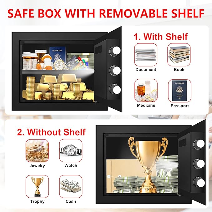 1.2 Cuft Small Home Safe Fire and Waterproof, Anti-theft Fireproof Safe Box with Digital Keypad, Spare Keys and Removable Shelf, Personal Safes for Home Money Medicine Valuables
