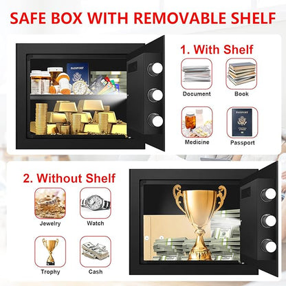 1.2 Cuft Small Home Safe Fire and Waterproof, Anti-theft Fireproof Safe Box with Digital Keypad, Spare Keys and Removable Shelf, Personal Safes for Home Money Medicine Valuables
