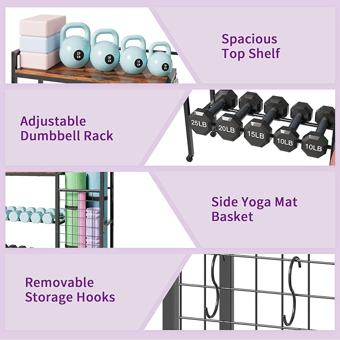 Dumbbell Rack, Gym Storage Rack, Weight Rack for Home Gym, Dumbbells, Kettlebells, Yoga Mats & More Space-Saving Home Gym Organizer