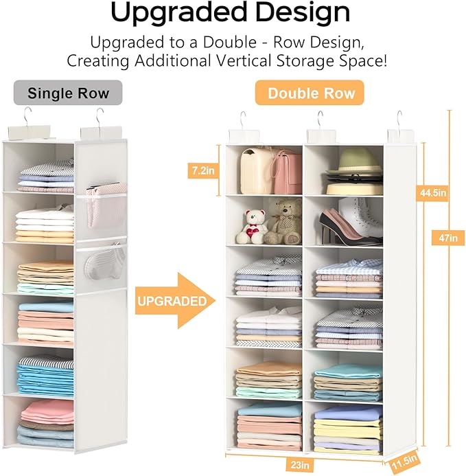 Space-Saving Hanging Closet Storage Organizer – Dual-Row Foldable Shelves with 3 Hooks, 6-Tier Wardrobe Organizer for Dorm, Bedroom, Closet (White)