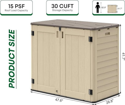 30 Cu.Ft Outdoor Storage Shed, Multi-Purpose Weather-Resistant Utility Shed for Garbage Cans, Lawn Mower, Garden Tools, Waterproof Resin Horizontal Cabinet with Pad-Lockable Doors (Khaki)