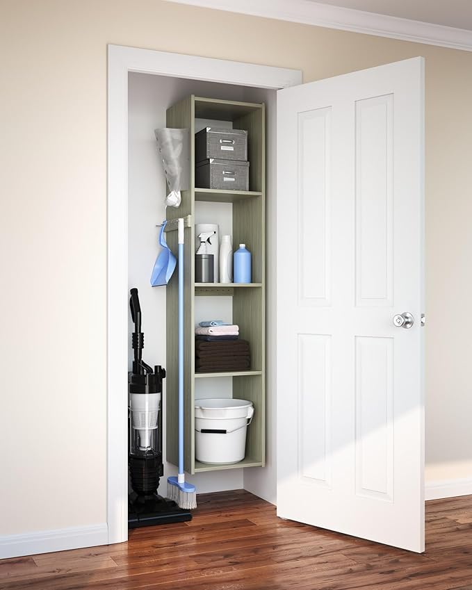 Easy Track 5 Shelf Wood Utility Mountable Home Closet Storage Tower Kit System with 5 Peg Rack, Bag Holder, and 2 Adjustable Shelves, Honey Blonde