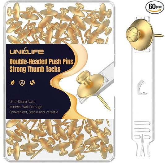 Uniclife 60 Pcs Double Headed Picture Hanging Nails, Picture Hangers, Push Pins for Wall, Double Headed Thumb Tacks, Metal Thumbtacks, Wall Hooks for Art, Photo Frame, Tapestry & Decor, Gold
