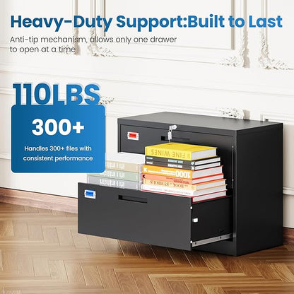 2 Drawer File Cabinet, Lateral Filing Cabinets for Home Office, Office Storage Drawers with Lock, Hanging Files Legal/Letter A4 Size (Assemble Required,Black)