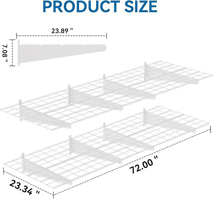 2-Pack 2x6ft Garage Wall Shelving, 24"x72" Shelf Storage Rack Floating Shelves Wall Mounted, Heavy Duty Storage Shelves, 800lbs Load Capacity, with 16 Hooks for Garage Organization, White