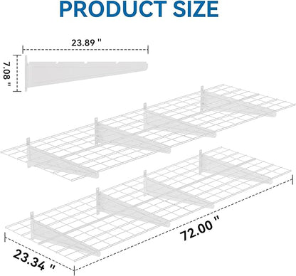 2-Pack 2x6ft Garage Wall Shelving, 24"x72" Shelf Storage Rack Floating Shelves Wall Mounted, Heavy Duty Storage Shelves, 800lbs Load Capacity, with 16 Hooks for Garage Organization, White