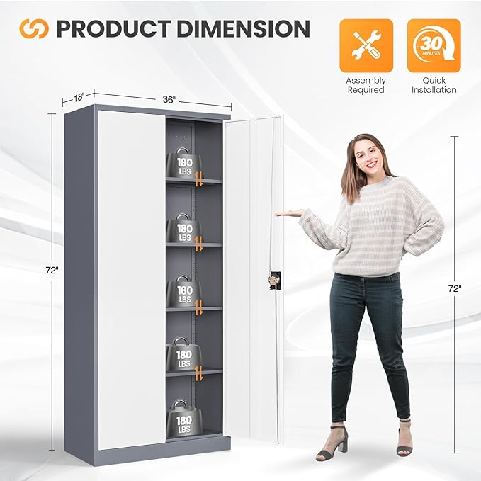 Metal Garage Storage Cabinets with Lock, 72" Tall Tool Cabinet with 2 Door and 4 Adjustable Shelves, Locking Garage Cabinets and Lockable Steel Locker for Home Office Warehouse-(Gray White-72”H)