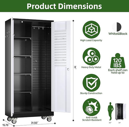 Broom Closet Storage Cabinet with Wheels, 5 Pegboard and 13 Hooks, Metal Garage Storage Cabinet with Doors and 4 Adjustable Shelves for Garage Bathroom, Assembly Required, Black and White