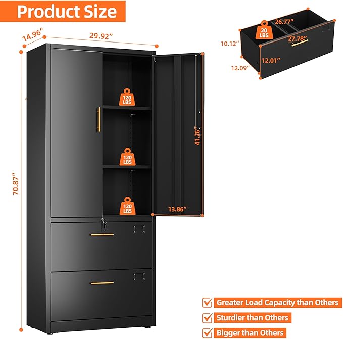 2 Drawer Lateral File Cabinet, Metal Storage Cabinet with Locking Drawers and Adjustable Shelves for Office, Home, School, Fit for A4/Letter/Legal File, Assemble Required