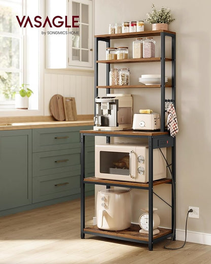 VASAGLE Bakers Rack with Power Outlet, 23.6 Inches Coffee Bar for Kitchen with Storage, 6-Tier Kitchen Shelves with 6 Hooks, Microwave Stand, Industrial, Rustic Brown and Ink Black UKKS124K03