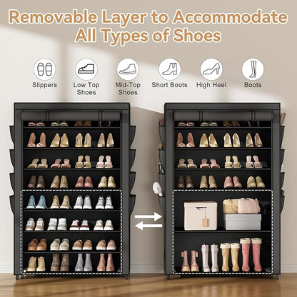 Shoe Rack with Cover, 8 Tier Tall Shoe Organizer Storage for 36-45 Pair Shoes and Boots Large Shoe Storage Shelf Free Standing Shoe Rack for Closet, Front Door Entrance, Dorm, Garage