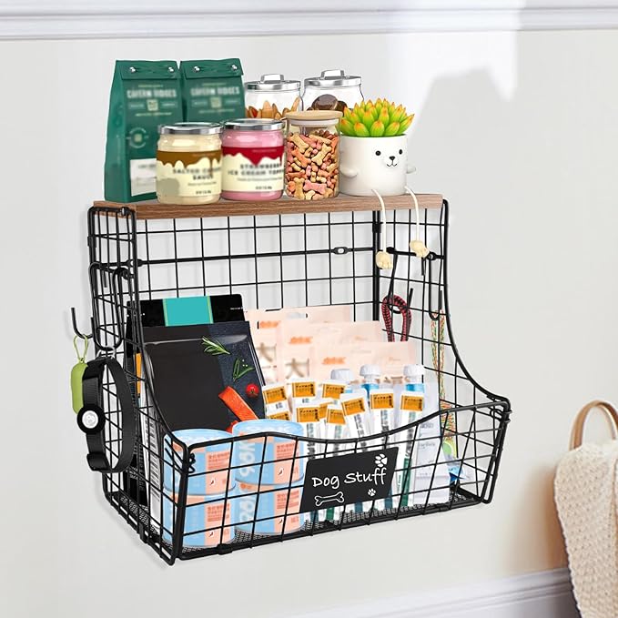 Geyecete pet supplies wall basket storage storage basket Wall wire basket with Wood Lid Nameplat storage rack multifunctional countertop organizer