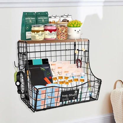 Geyecete pet supplies wall basket storage storage basket Wall wire basket with Wood Lid Nameplat storage rack multifunctional countertop organizer