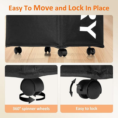 2 Pack Laundry Basket with Wheels, 90L Rolling Laundry Hamper with Wheels, Large Clothes Hamper on Wheel with Removable Mesh Bag for Bedroom, Dorm, Black