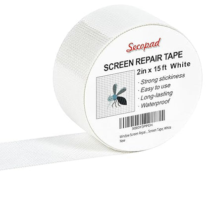 White Window Screen Repair Tape, 2 in X 15 FT (360IN) Screen Repair Kit for Windows or Doors, Strong Adhesive Screen Patch Fiberglass Screen Tape Mesh Repair