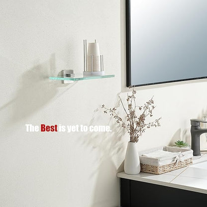 JQK Bathroom Glass Shelf, Tempered Glass Shower Storage 8 by 5 inches, 304 Stainless Steel Brushed Finish Wall Mount, TGS201L8-BN