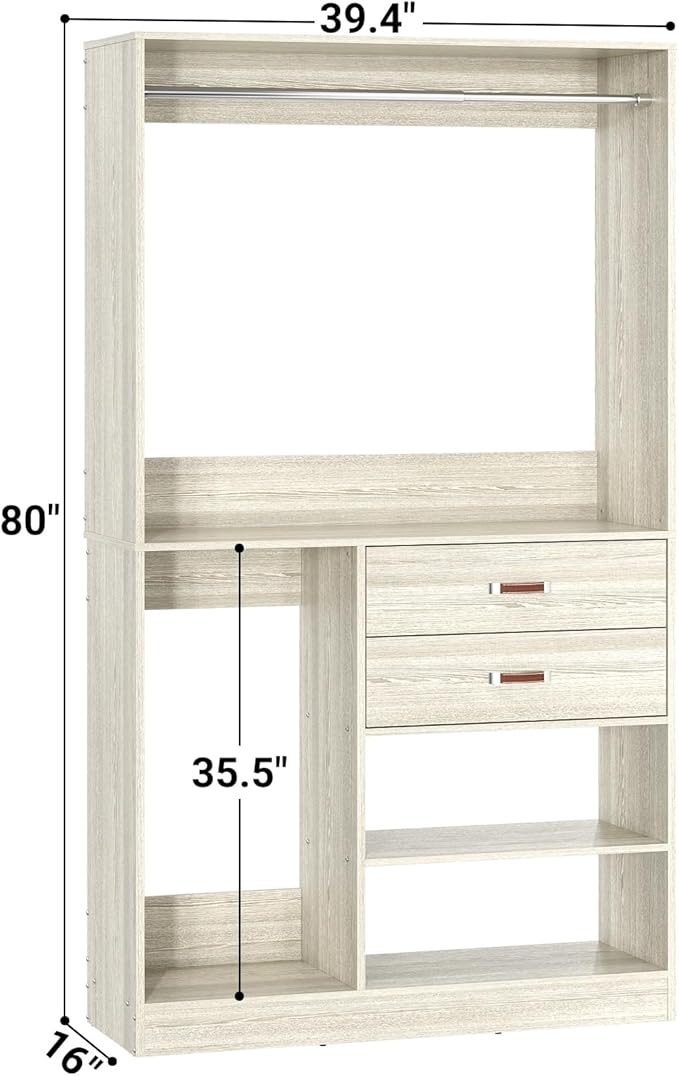 Armocity Freestanding Closet System with Suitcase Storage, 40 Inches Stand-alone Wardrobe with 2 Wood Drawers, 80'' Height Adjustable Cloth Garment Rack, Walk-in Closet with Hanging Rod, White Oak