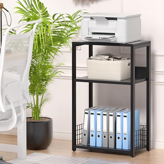 LELELINKY Large Black Record Player Stand, 3 Tier 18" Wide Big End Table with Vinyl Storage Up to 130 Albums, Industrial Turntable Printer Tables, Modern Side Tables for Living Room, Bedroom, Office